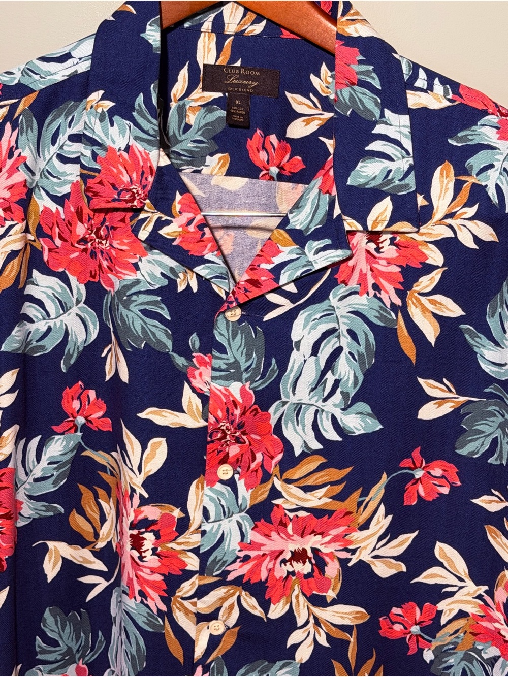 Club Room Luxury Navy Floral Island-Inspired Camp  Shirt with Coral & Teal Accen